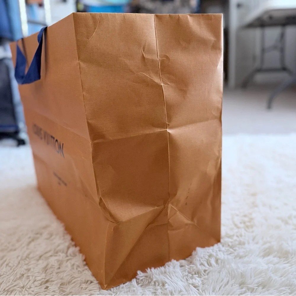 Louis Vuitton XL HTF Orange Brown Paper Gift Shopping Box Bag Blue Handle